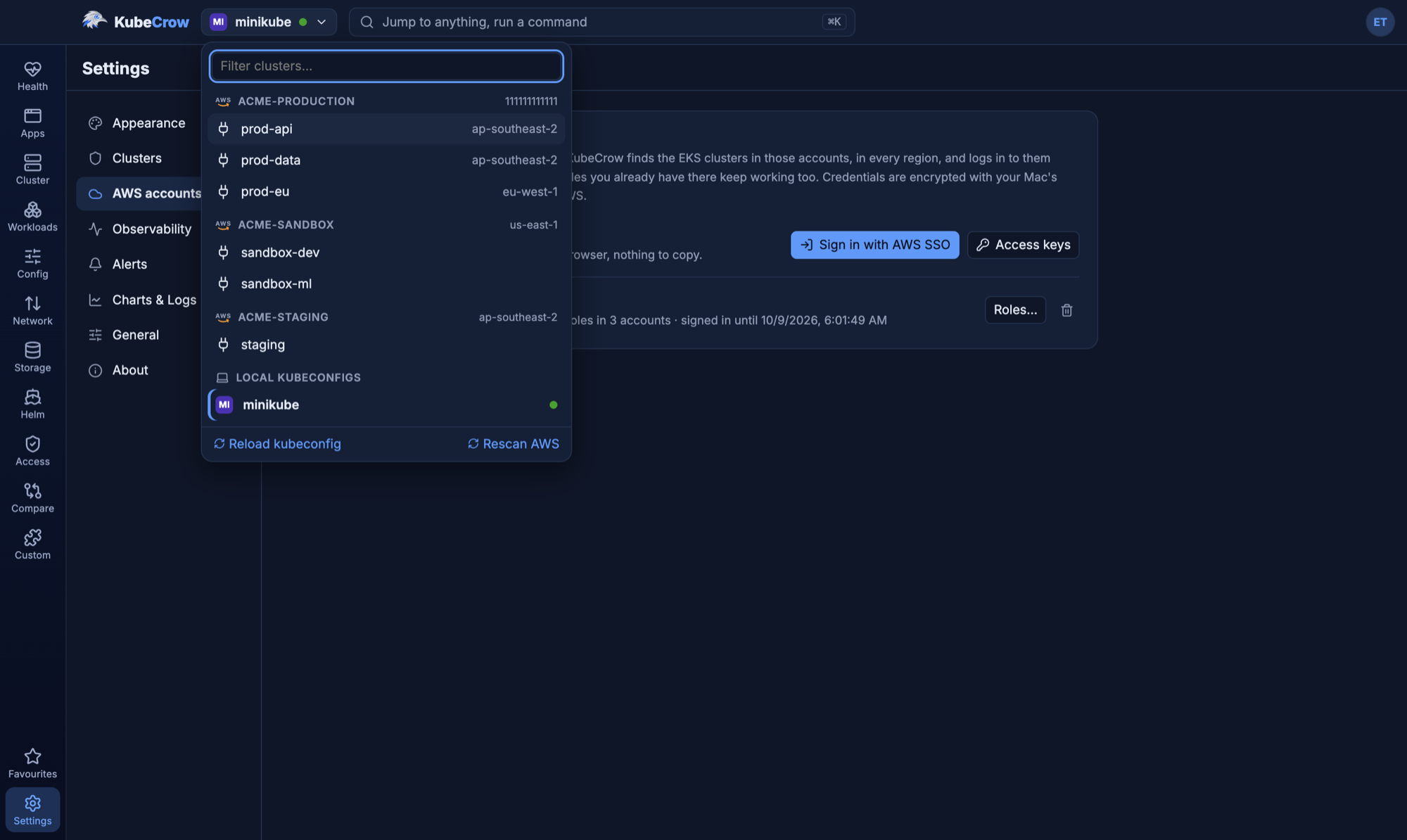 The cluster switcher listing EKS clusters grouped by AWS account, with each cluster's region, found from one AWS SSO sign-in