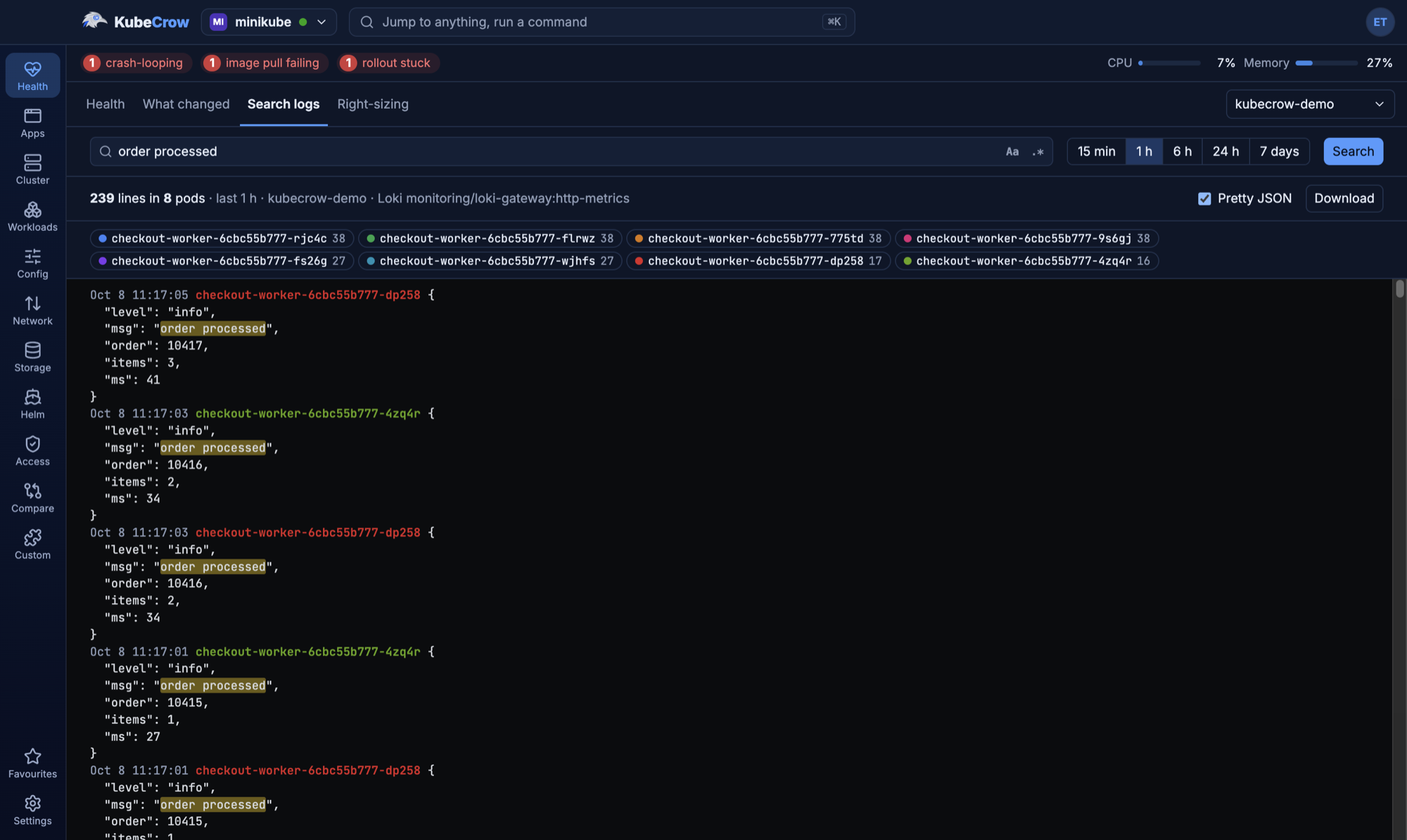 Searching every pod in a namespace for a log line, with matches from two pods and pretty-printed JSON