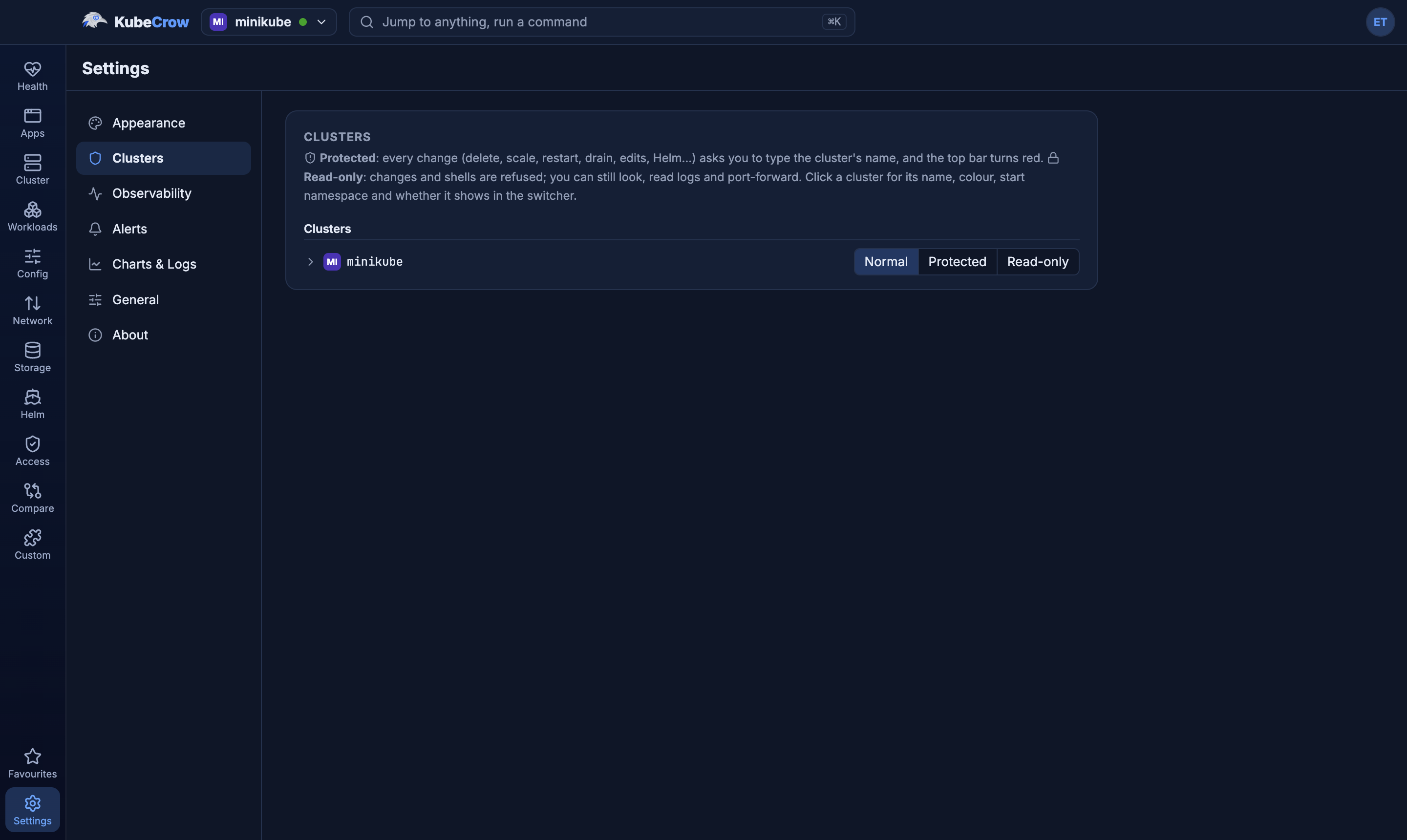 Cluster settings with Normal, Protected and Read-only safety levels